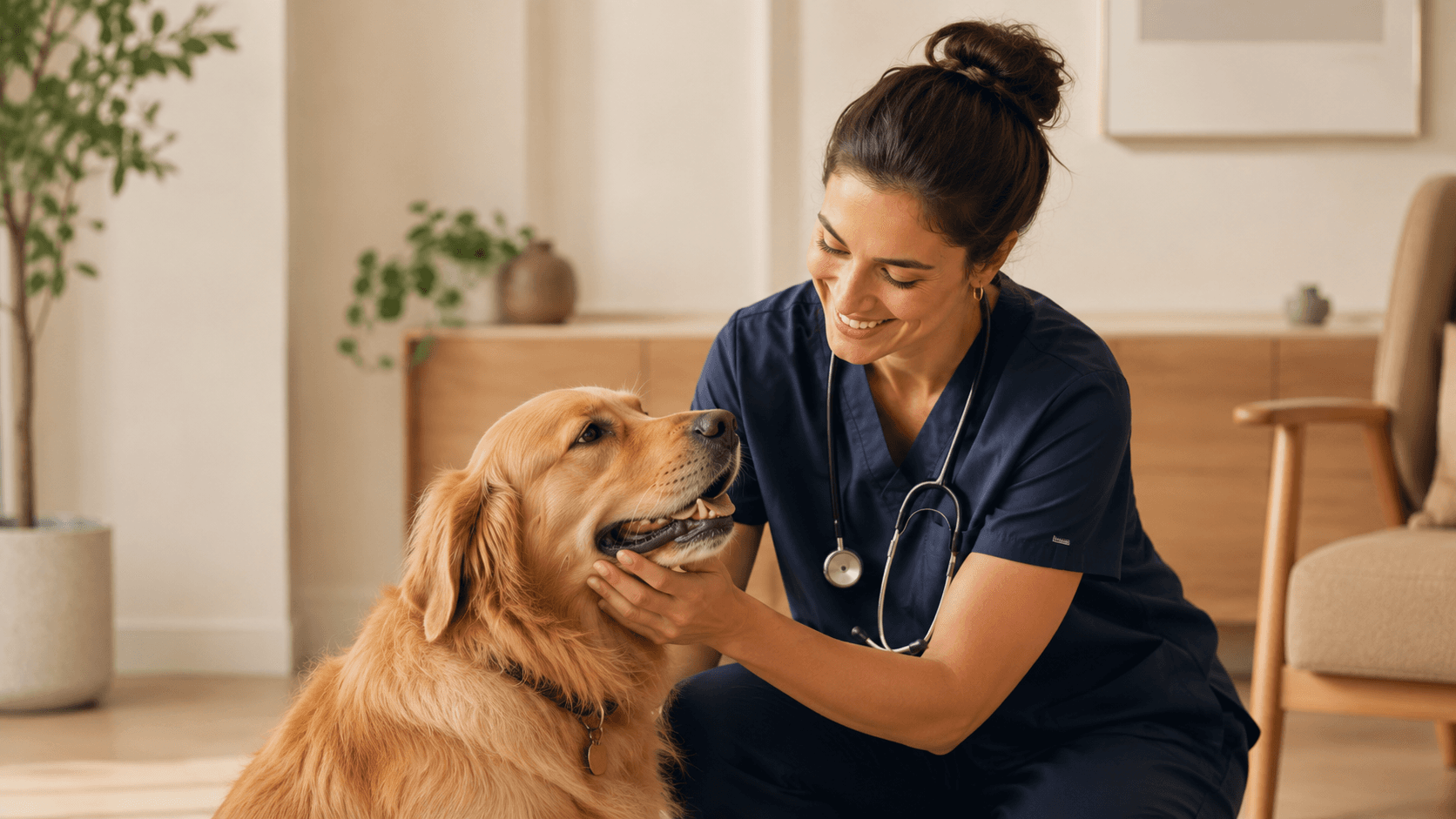 Profissional pet sorrindo enquanto cuida de um golden retriever