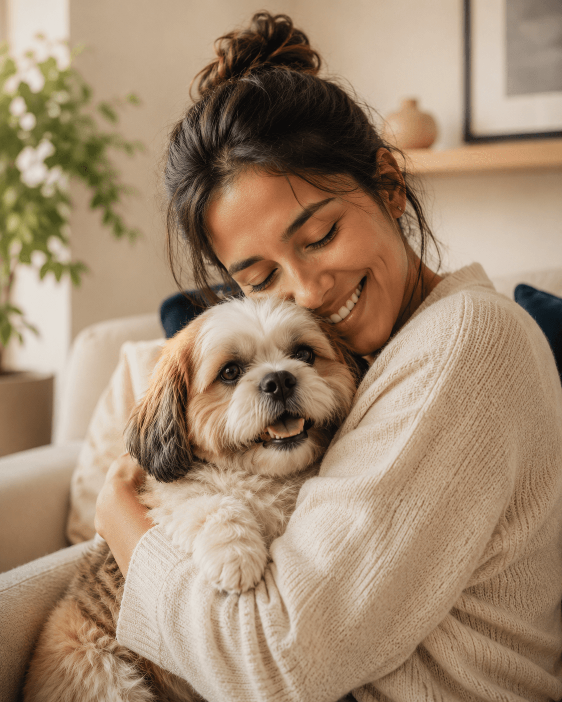 Tutora abraçando seu cachorro shih tzu, ambos felizes